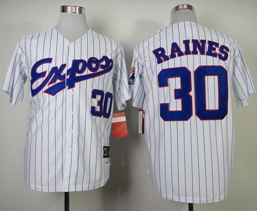 Mitchell and Ness 1982 Expos #30 Tim Raines White Blue Strip Stitched Throwback Baseball Jersey