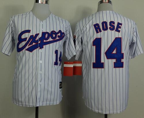 Mitchell And Ness 1982 Expos #14 Pete Rose White(Black Strip) Throwback Stitched Baseball Jersey
