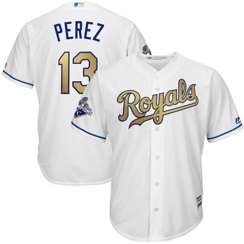 Royals #13 Salvador Perez White 2015 World Series Champions Gold Program Cool Base Stitched Youth Baseball Jersey